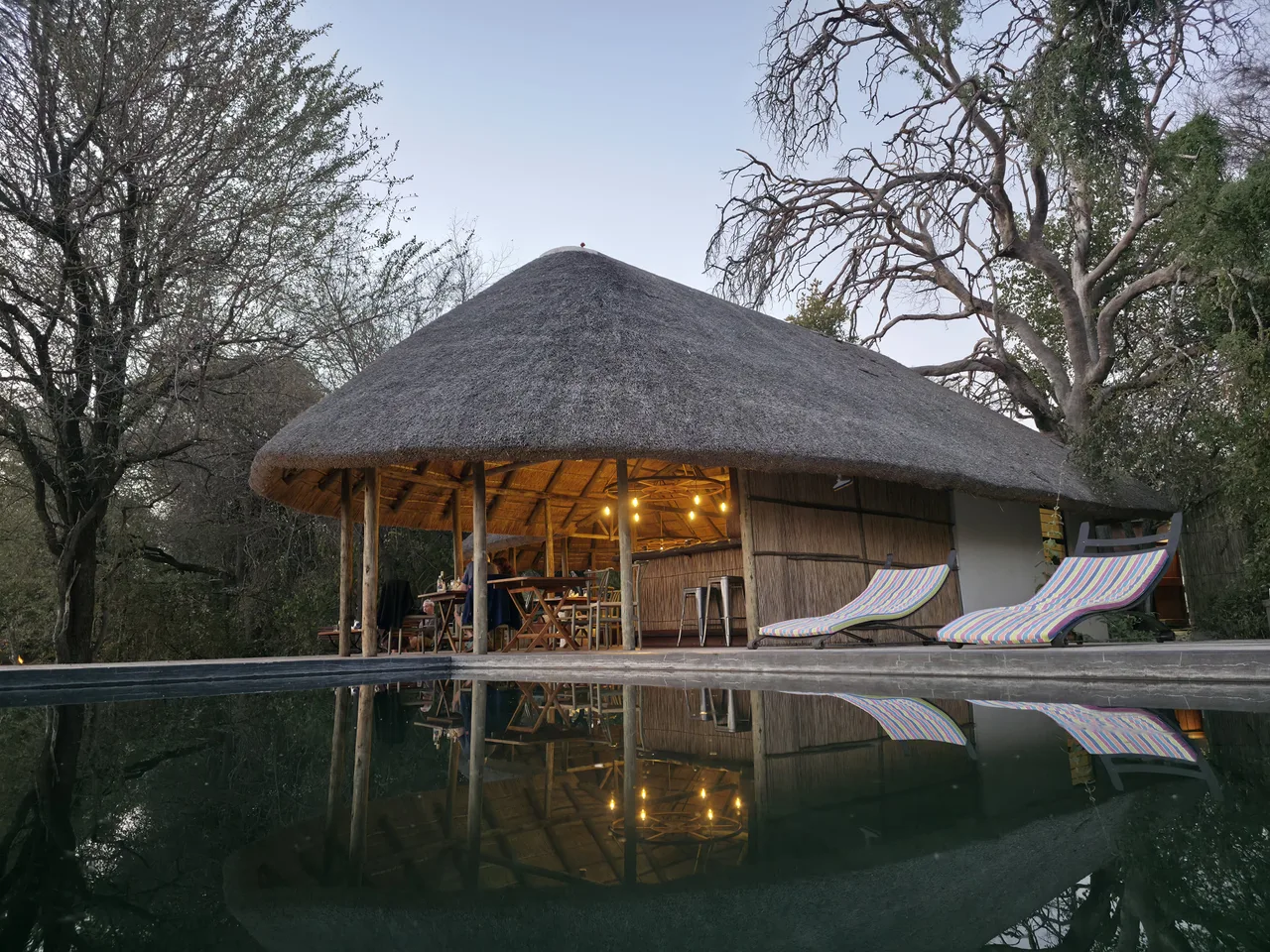 The thatched pavilion and loungers reflected in the cocktail pool